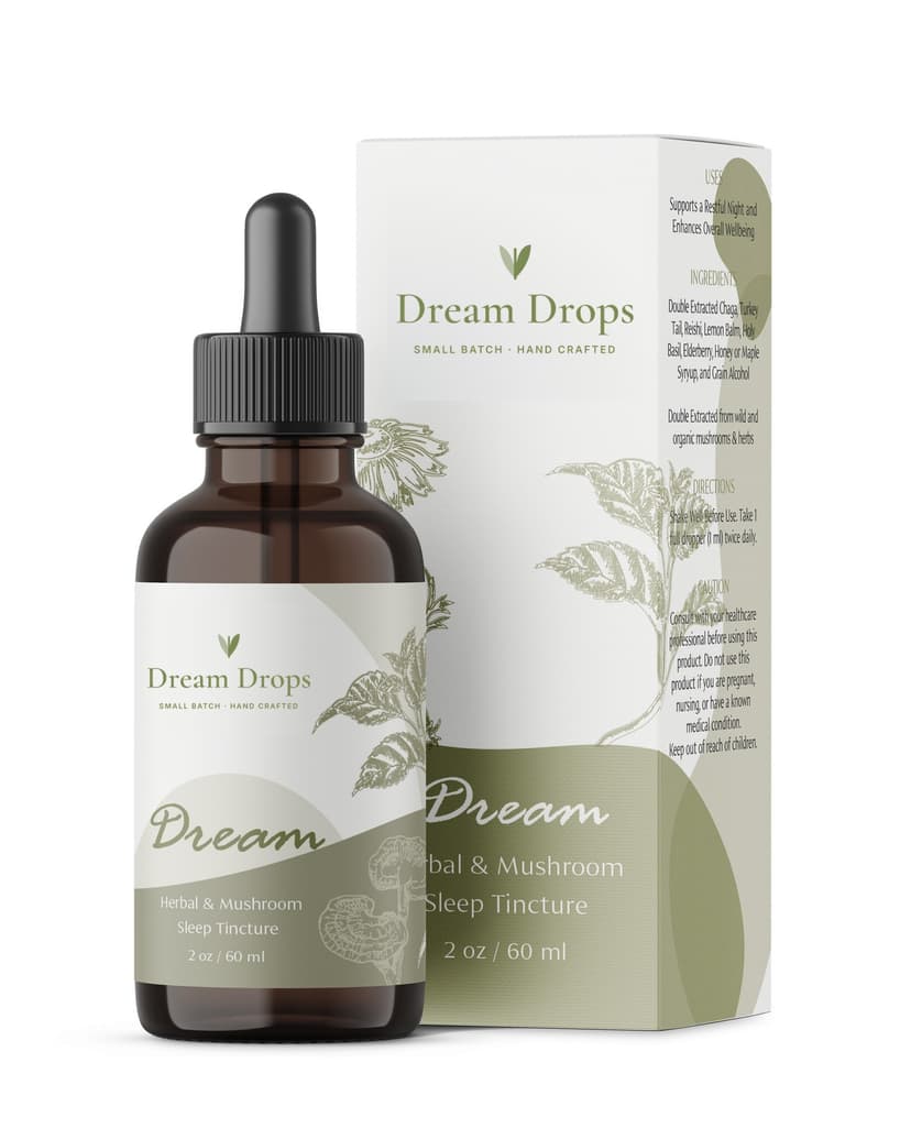 Dream Drops herbal and mushroom sleep tincture bottle and box