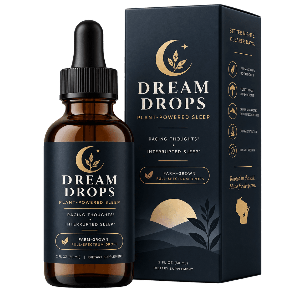 Dream Drops plant-powered sleep tincture, 2 fl oz bottle and box